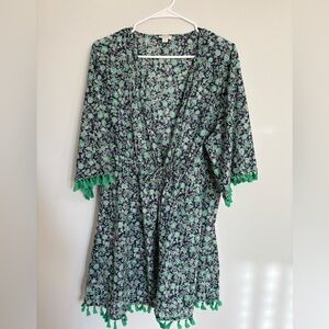 NWT J.Crew Factory Tie-Front Cover-up, Green and Navy Blue, Tassels, XL